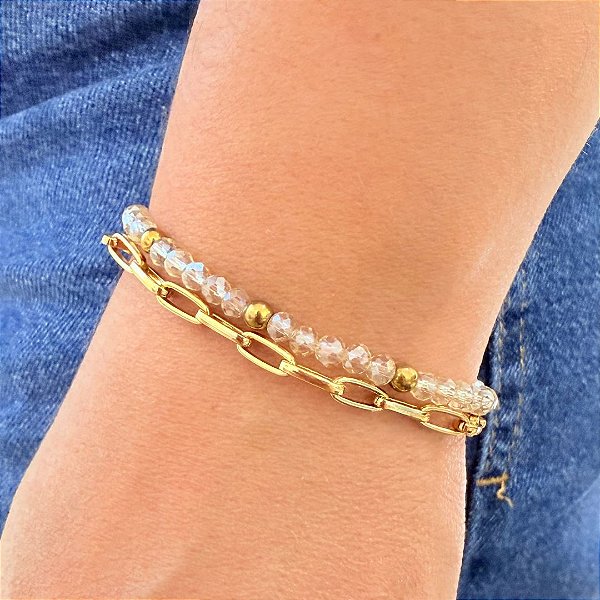 Pulseira de Cristais Champanhe com Hematita e Corrente Dourada 783P