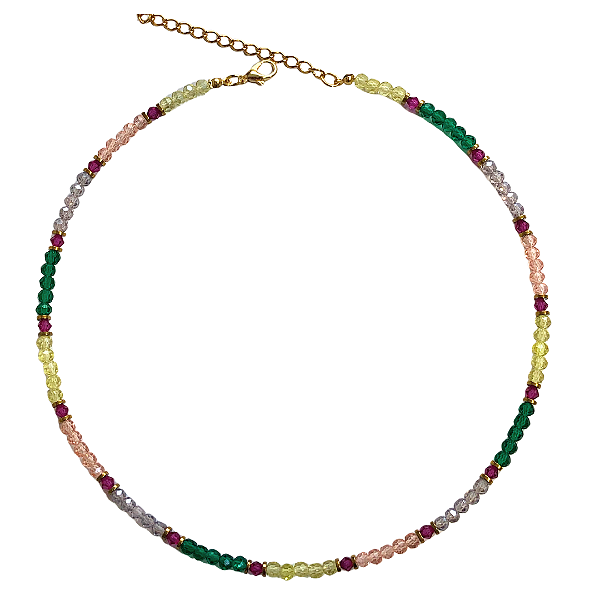 Choker de Cristais Amarelo Manteiga, Rosa Claro, Lilás, Pink, Verde e Hematita Dourada CL776