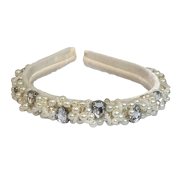 Tiara Bordada de Luxo Média Branca com Pérolas e Pingentes de Gota T453