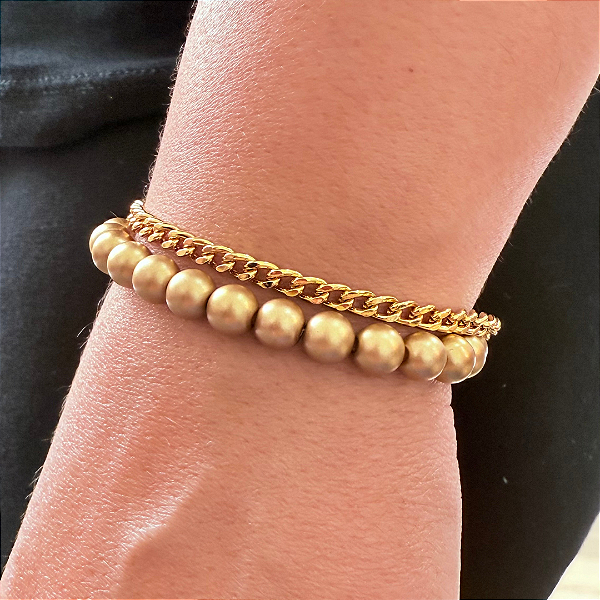 Pulseira de Pérolas Douradas Foscas com Corrente Dourada 786P