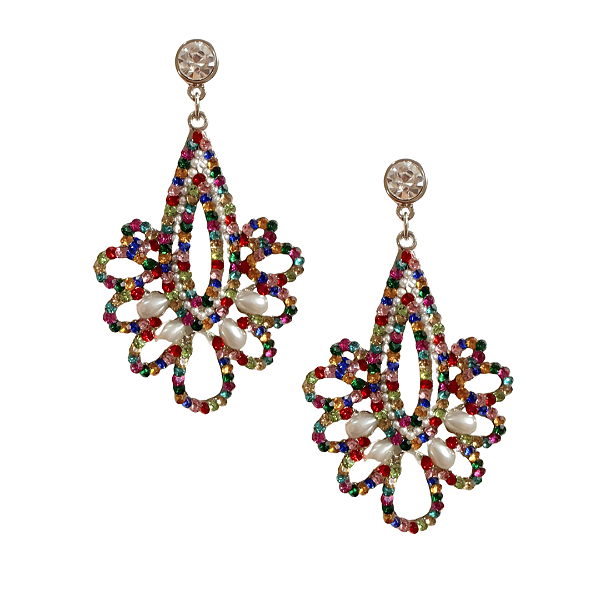 Brinco Prata Gota com Strass Colorido e Pérolas BG2041