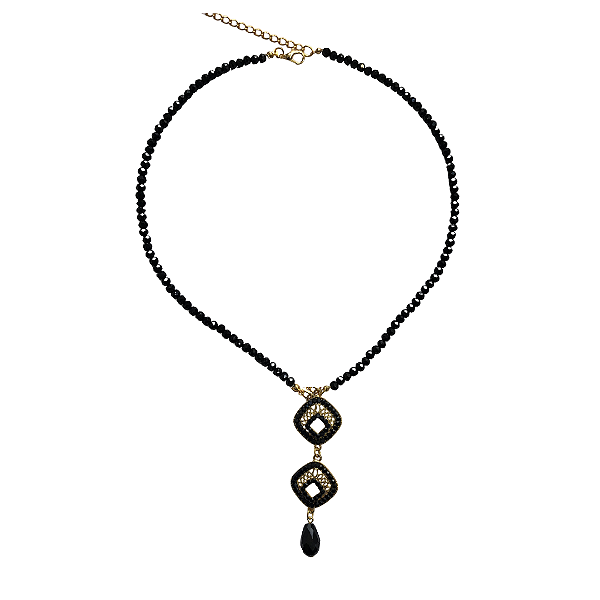 Colar de Cristais Preto com Pingentes Dourados com Strass CL781
