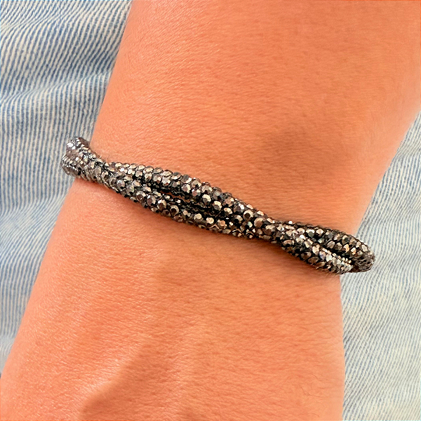 Pulseira de Tubo de Strass Entrelaçada Hematite Macramê 793P