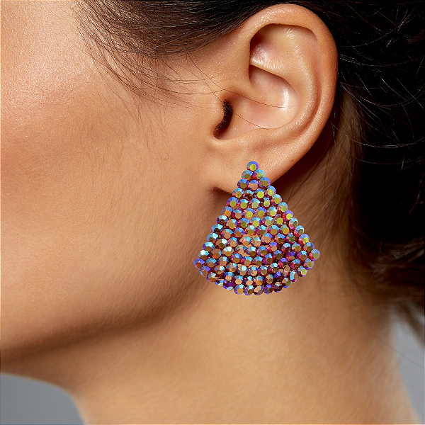 Brinco Grande Triângulo com Strass Rubi Furta-cor