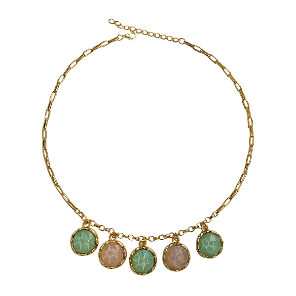 Colar Dourado com Pingentes de Resina Verde Menta e Rosê CL782