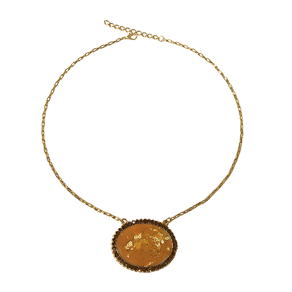 Colar Dourado com Pingente Oval Esmaltado Laranja e Dourado CL789