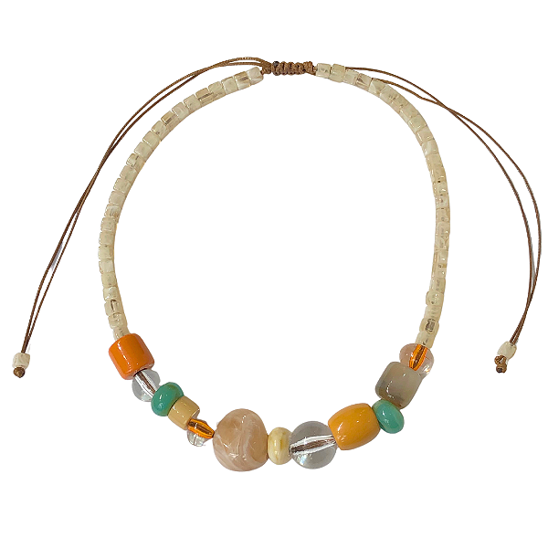 Colar de Macramê com Pedras em Resina Laranja, Amarelo e Turquesa CL790