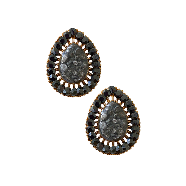 Brinco Gota Pequena Resinada com Cascalho e Strass Hematite BF1291