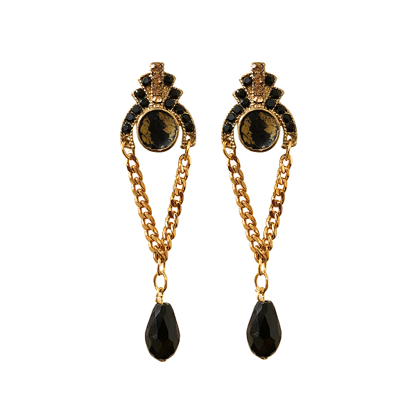 Brinco Grande Pendurado Resinado Preto e Dourado com Corrente BG2082