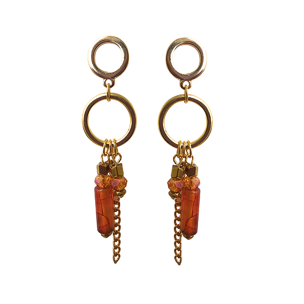 Brinco Grande Argolas Penduradas com Pedra Natural e Hematite Dourada BG2083