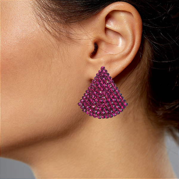 Brinco Grande Triângulo com Strass Fúcsia