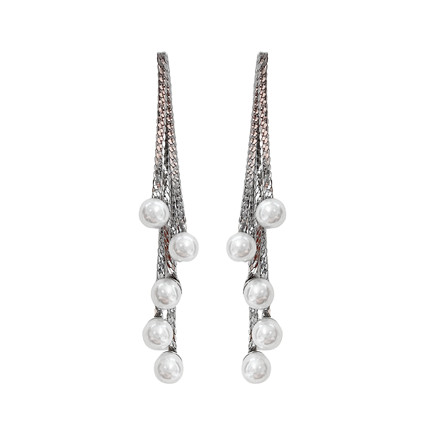 Brinco Grande de Aço Prata Pendurado com Pérolas BG2091