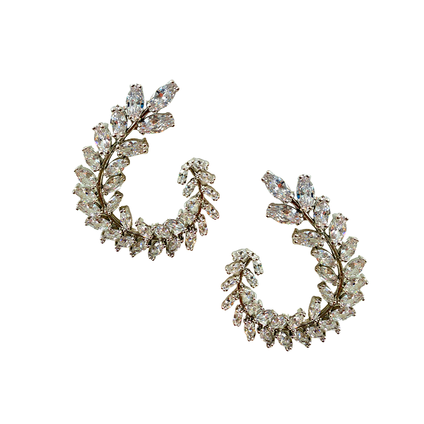 Brinco Médio Semijoia Prata Folhagens com Zircônias BM2095