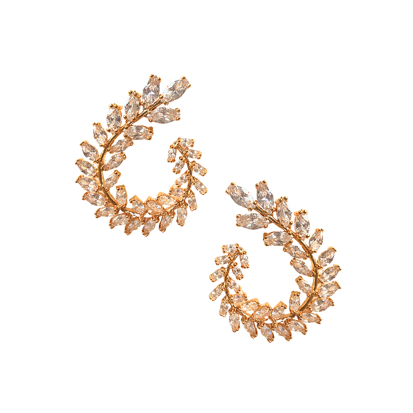 Brinco Médio Semijoia Dourada Folhagens com Zircônias BM2094