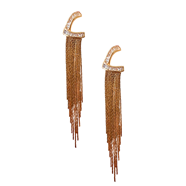 Brinco Grande Semijoia Dourado Meia Forma com Zircônias e Franja BG2092