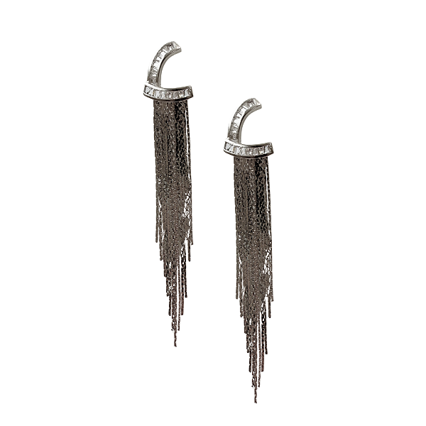 Brinco Grande Semijoia Prata Meia Forma com Zircônias e Franja BG2093