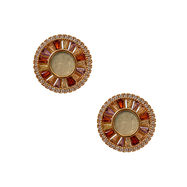 Brinco Pequeno Redondo Semijoia Dourado com Zircônias Coloridas e Madre Pérola BF1315