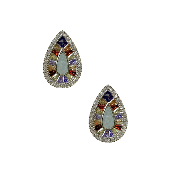 Brinco Pequeno Semijoia Gota Prata com Zircônias Coloridas e Madre Pérola BF1318