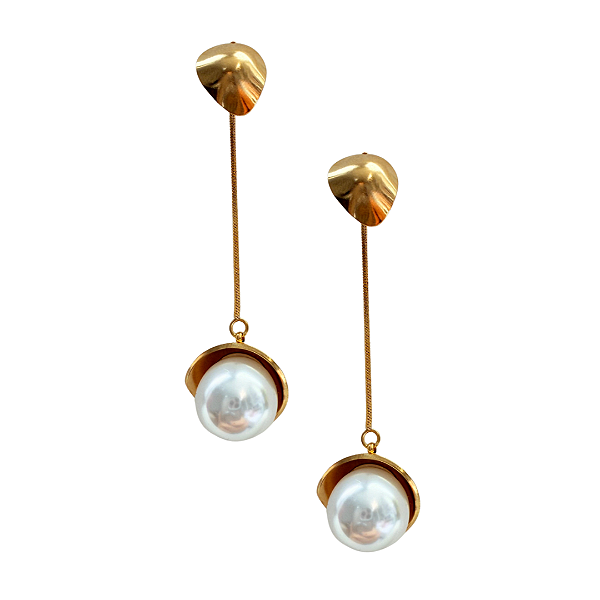 Brinco Médio de Aço Dourado Pendurado com Pérolas BM2098