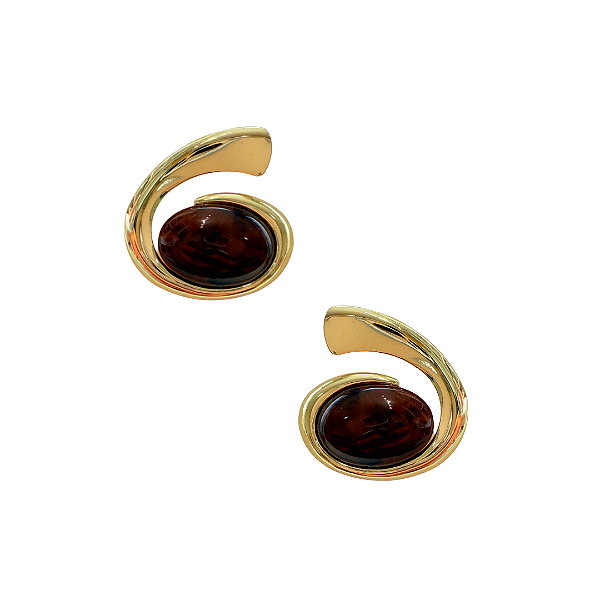 Brinco Grande Meia Volta Dourado com Pedra Marrom BG2102
