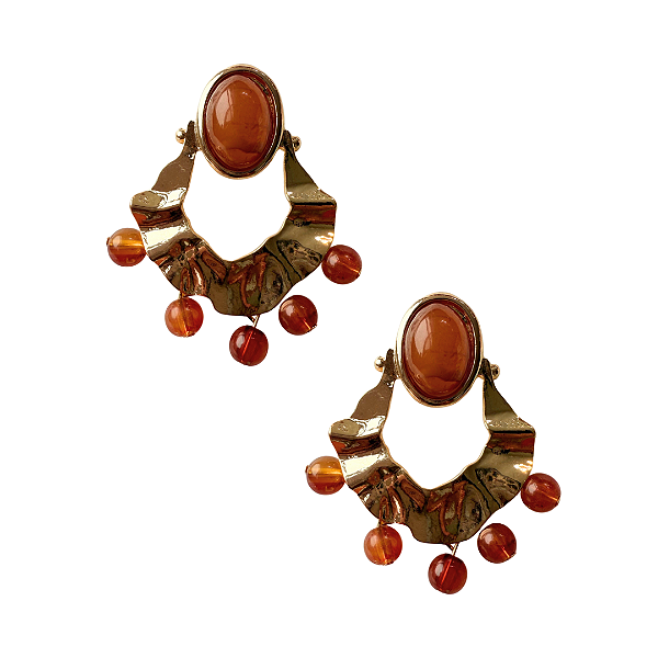 Brinco Grande Orgânico Dourado com Pedras Marrom BG2105