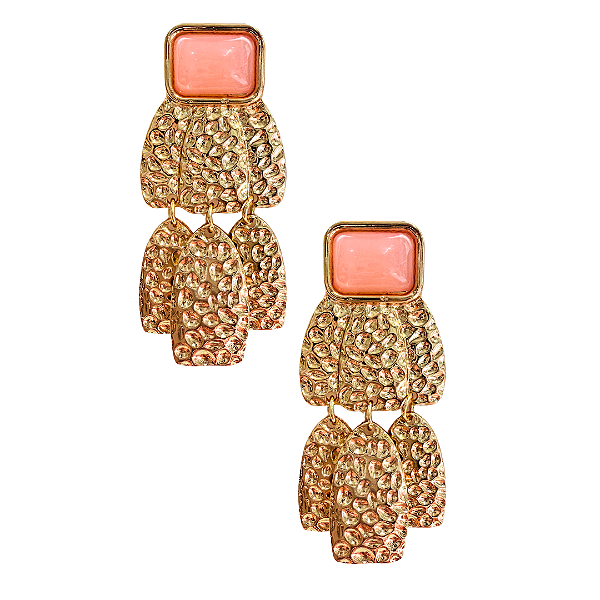Brinco Grande Pendurado Dourado Martelado com Pedra Rosê BG2111