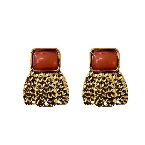 Brinco Médio Dourado com Pedra Rosê Escuro Feminino Elegante BG2112