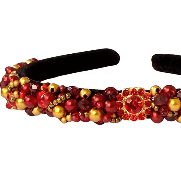 Tiara Bordada Fina de Luxo Preta com Pedrarias Vermelho com Dourado T455