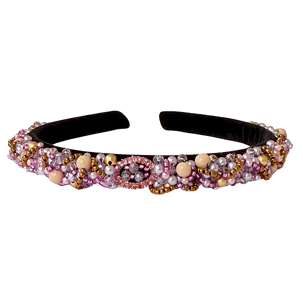 Tiara Bordada Fina de Luxo Preta com Pedrarias Lilás, Roxo e Dourado T457