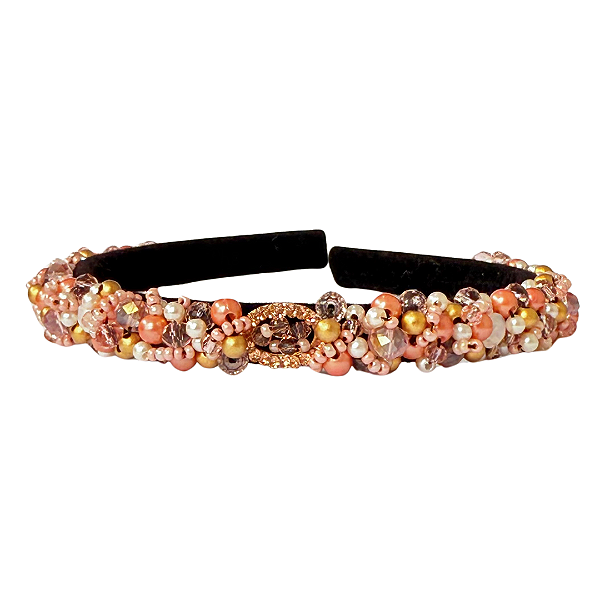 Tiara Bordada Fina de Luxo Preta com Pedrarias Rosê e Dourado T458