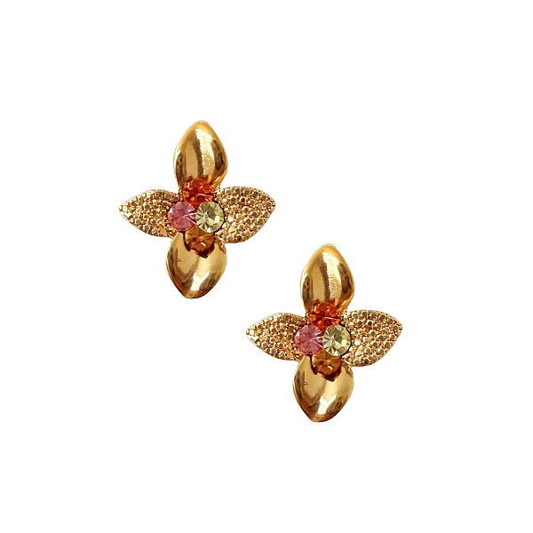 Brinco Pequeno Flor com Strass Laranja, Rosa Claro, Verde Folha e Mostarda BF1326