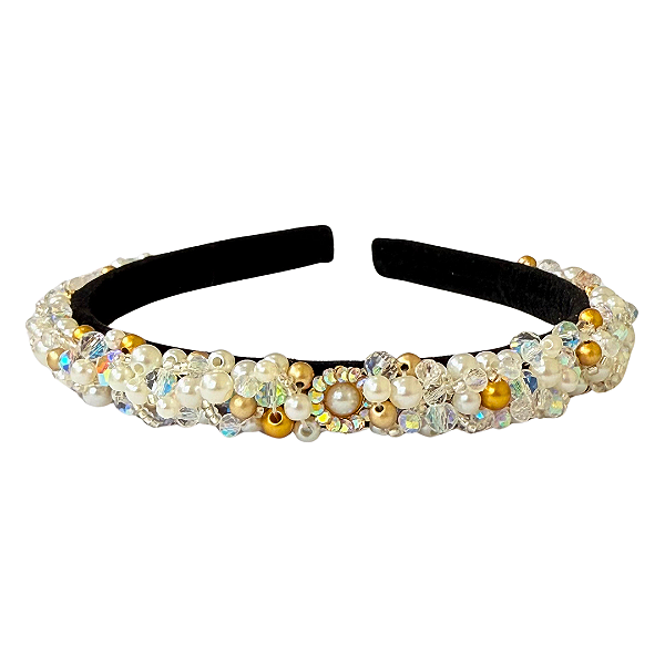 Tiara Bordada Fina Preta de Luxo Furta-cor com Pérolas T461