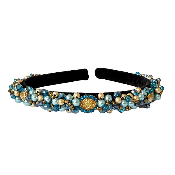 Tiara Bordada Fina de Luxo Preta com Pedrarias de Tons de Azul e Dourado T456