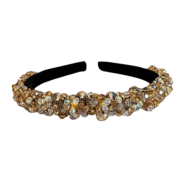 Tiara Bordada de Luxo Fina Preta de Cristais Dourado e Furta-cor T462