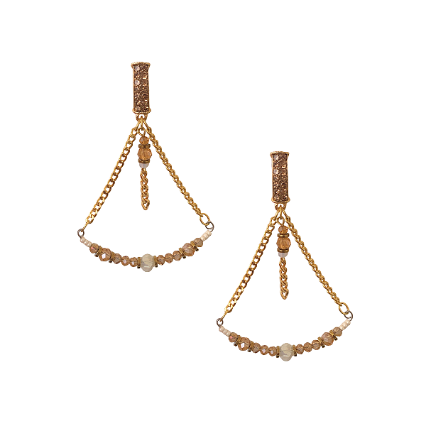 Brinco Grande Pendurado Triangular com Corrente, Cristais e Hematita Dourada BG2132