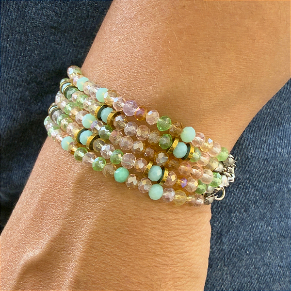 Pulseira de 5 Voltas de Cristais Candy com Hematita Dourada 812P