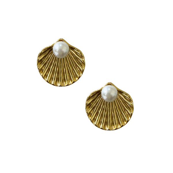 Brinco Médio Concha de Aço Dourada com Pérola BM2136