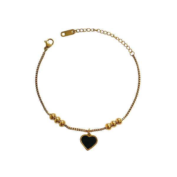 Pulseira de Aço Dourada com Pingente de Coração Preto 818P