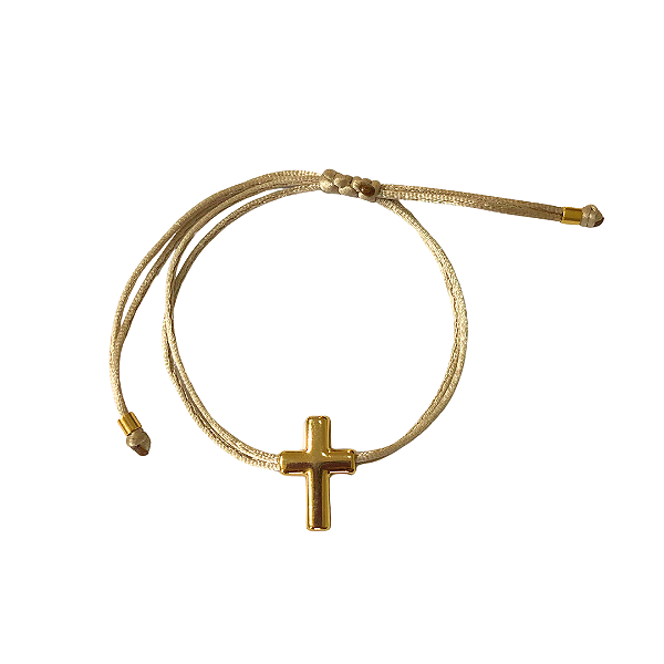 Pulseira Regulável Fio de Seda Areia com Pingente Cruz 821P