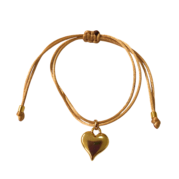 Pulseira Regulável Fio de Seda Dourado com Pingente de Coração Dourado 823P