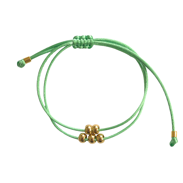 Pulseira Regulável Fio de Seda Verde Claro com Bolinhas Douradas 825P