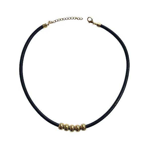 Choker de Couro Preta com Bolinhas Douradas CL814