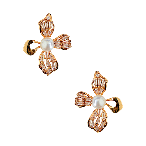 Brinco Pequeno Dourado Flor com Pérola e Zircônias BF1344