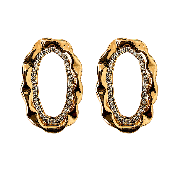 Brinco Médio Oval Dourado Texturizado com Zircônias BM2144