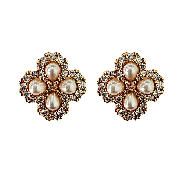 Brinco Pequeno Dourado Van Cleef com Pérolas e Zircônias BF1348