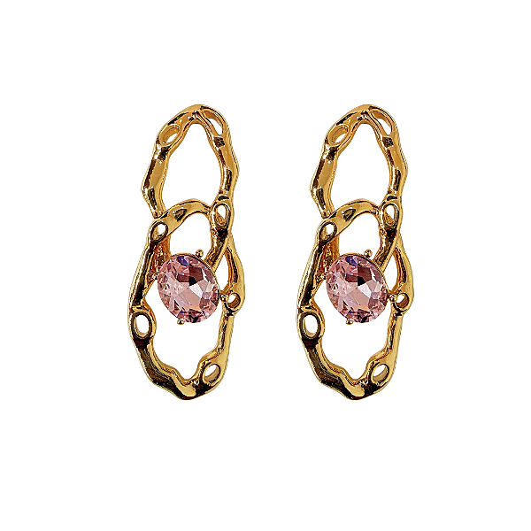 Brinco Grande Elos Dourado com Cristal Rosa Claro BG2157