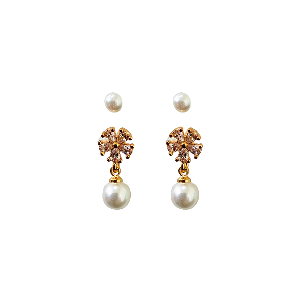 Kit Segundo Furo Brincos Dourados, Pendurado com Zircônias e Pérola BF1355