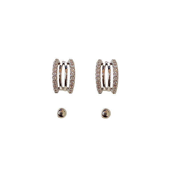 Kit Segundo Furo Brincos Prata Argolinha com Zircônias e Bolinha BF1363