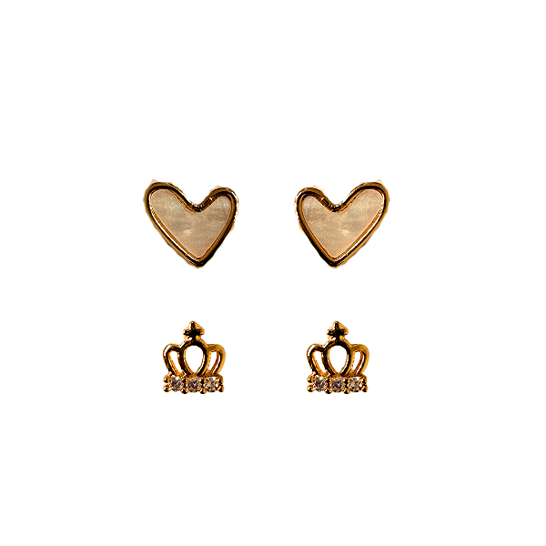 Kit Segundo Furo Brincos Dourado Coração com Madre Pérola e Coroa BF1364