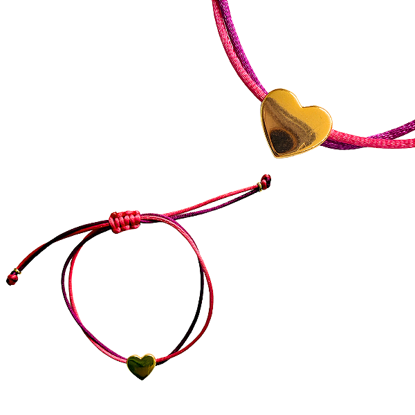 Pulseira Regulável Fio de Seda Pink e Roxo com Pingente de Coração Dourado 834P
